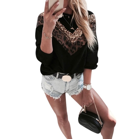 HP✨ONE WORLD✨SEQUINS & LEOPARD LIGHTWEIGHT SWEATER - Picture 6 of 7